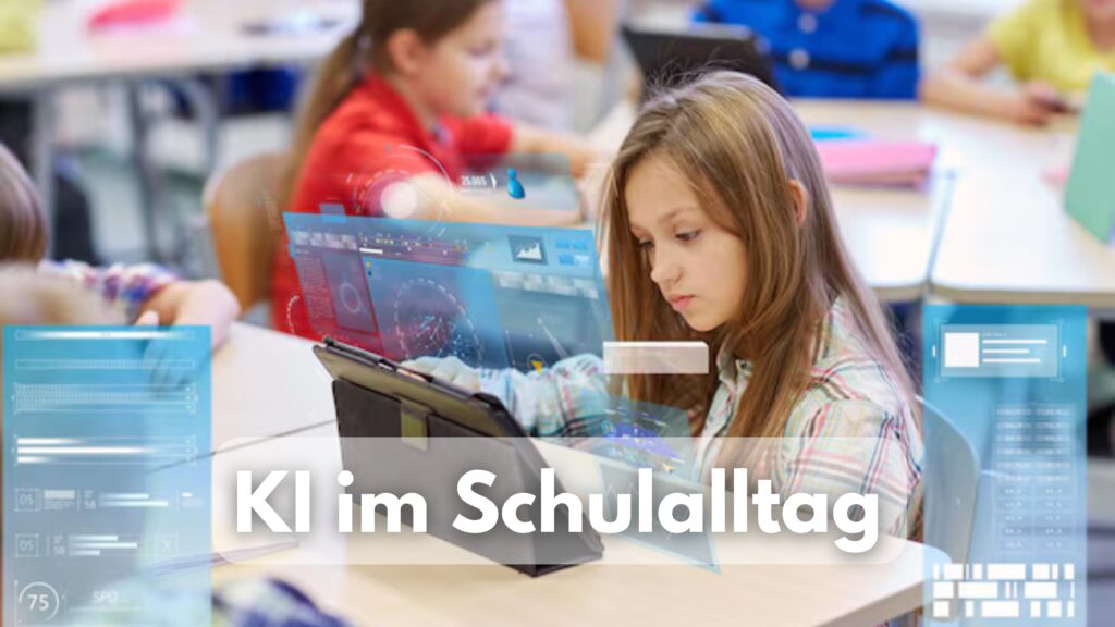 Ein Mädchen sitzt in einem Klassenzimmer und arbeitet konzentriert an einem Tablet. Im Hintergrund sind weitere Schülerinnen und Schüler zu sehen. Über das Bild sind digitale, futuristische Elemente eingeblendet, die den Einsatz von Künstlicher Intelligenz im Schulalltag symbolisieren. Der Text 'KI im Schulalltag' ist in weißer Schrift über das Bild gelegt